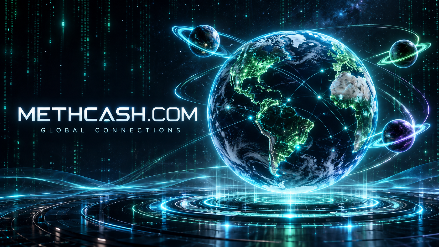 METHCASH.COM luminous globe with Saturn-like planets, laser rings and a futuristic holographic platform